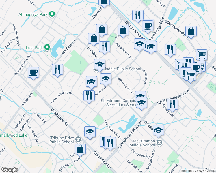 map of restaurants, bars, coffee shops, grocery stores, and more near 348 Brisdale Drive in Brampton