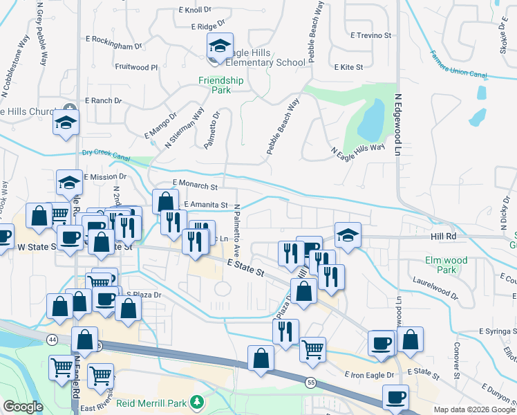 map of restaurants, bars, coffee shops, grocery stores, and more near 893 East Cembra Street in Eagle