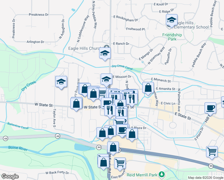 map of restaurants, bars, coffee shops, grocery stores, and more near 144 East Idaho Street in Eagle