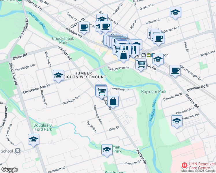map of restaurants, bars, coffee shops, grocery stores, and more near 20 Raymore Drive in Toronto