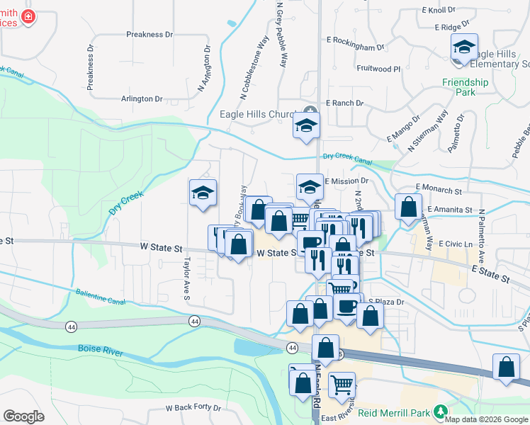 map of restaurants, bars, coffee shops, grocery stores, and more near 272 Eagle Glen Lane in Eagle