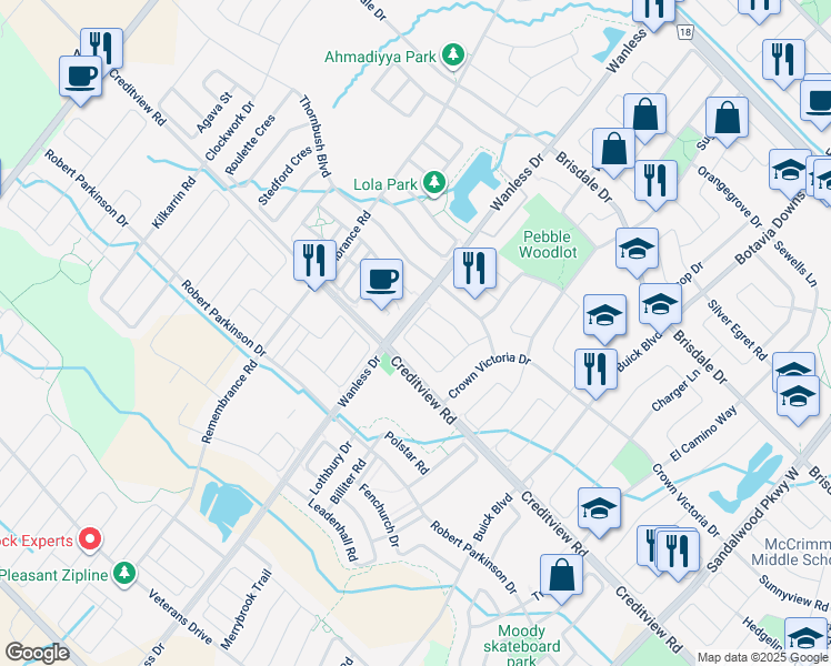map of restaurants, bars, coffee shops, grocery stores, and more near 53 Bushmill Circle in Brampton