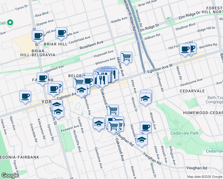 map of restaurants, bars, coffee shops, grocery stores, and more near 42 Lanark Avenue in Toronto