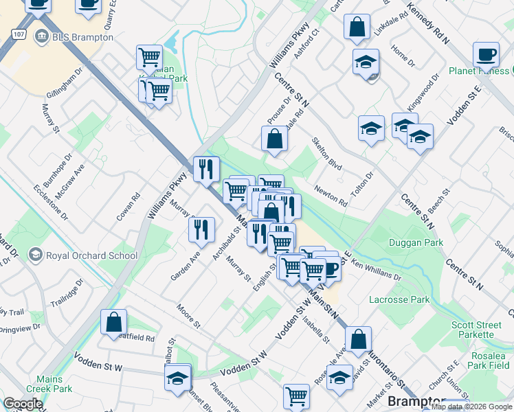 map of restaurants, bars, coffee shops, grocery stores, and more near 370 Main Street North in Brampton