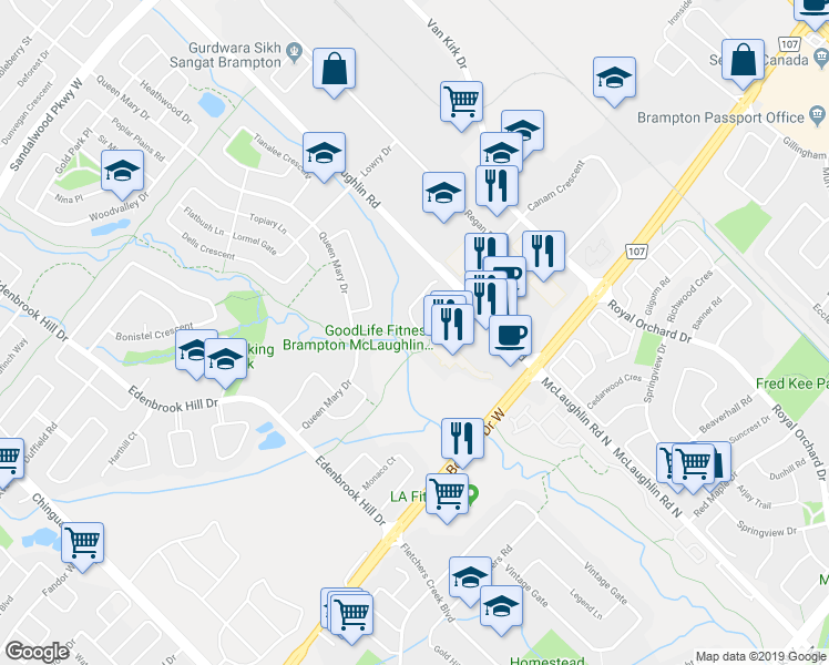 map of restaurants, bars, coffee shops, grocery stores, and more near 50 Marycroft Court in Brampton