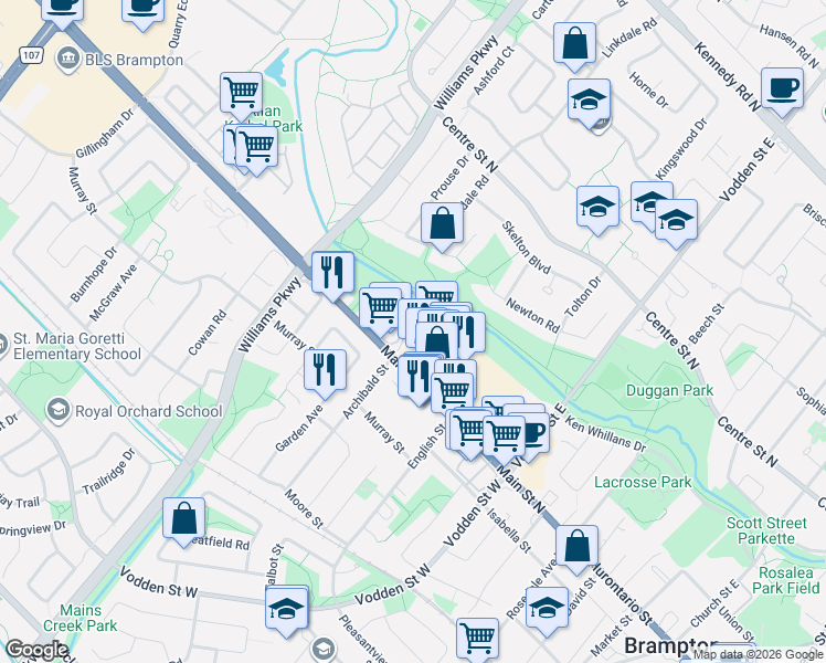 map of restaurants, bars, coffee shops, grocery stores, and more near 1 Tara Park Court in Brampton