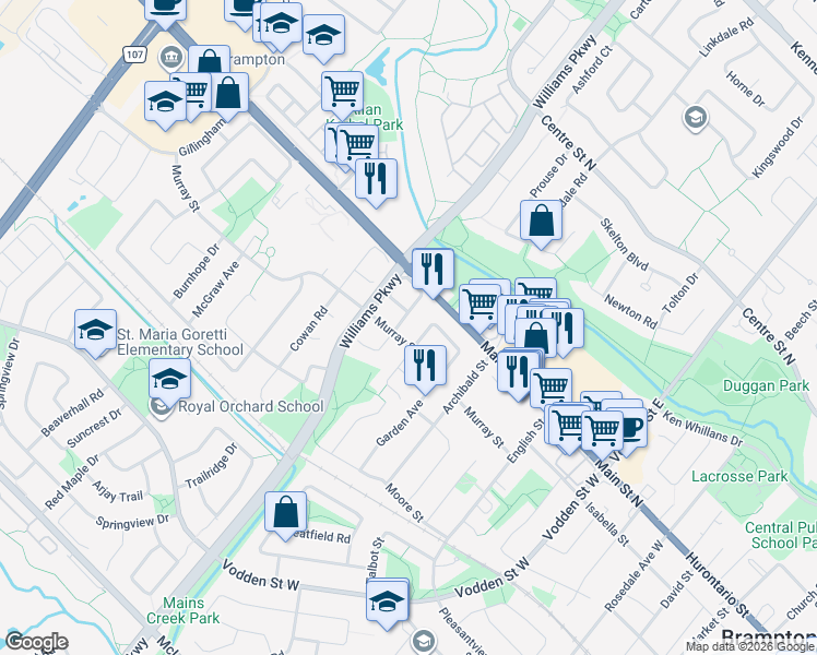 map of restaurants, bars, coffee shops, grocery stores, and more near 7 Slater Circle in Brampton