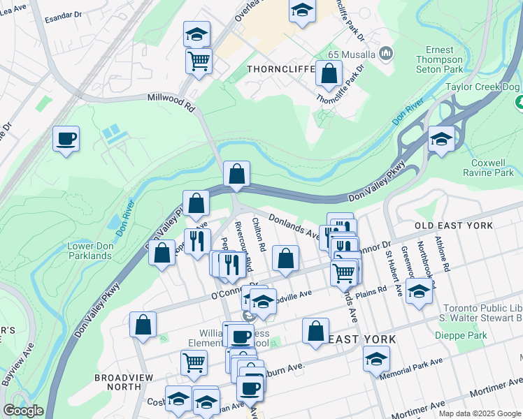 map of restaurants, bars, coffee shops, grocery stores, and more near 537 Donlands Avenue in Toronto
