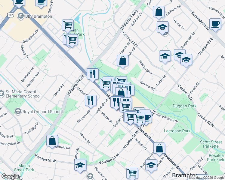 map of restaurants, bars, coffee shops, grocery stores, and more near 1 Tara Park Court in Brampton