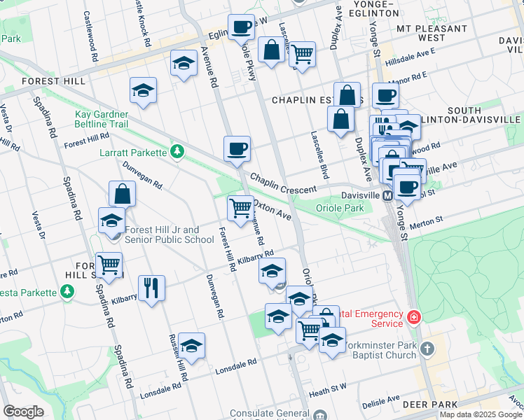 map of restaurants, bars, coffee shops, grocery stores, and more near in Toronto