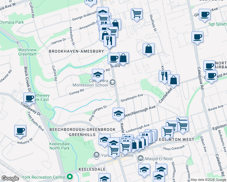 map of restaurants, bars, coffee shops, grocery stores, and more near 1970 Keele Street in Toronto