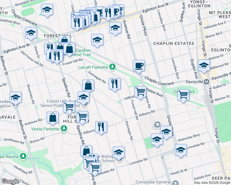 map of restaurants, bars, coffee shops, grocery stores, and more near 178 Dunvegan Road in Toronto