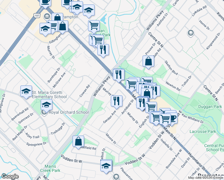 map of restaurants, bars, coffee shops, grocery stores, and more near 7 Slater Circle in Brampton