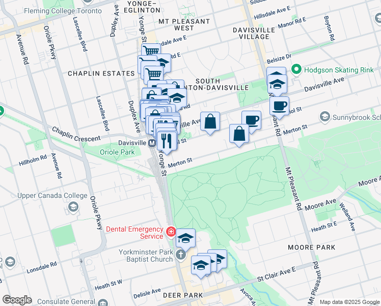 map of restaurants, bars, coffee shops, grocery stores, and more near 112 Merton Street in Toronto