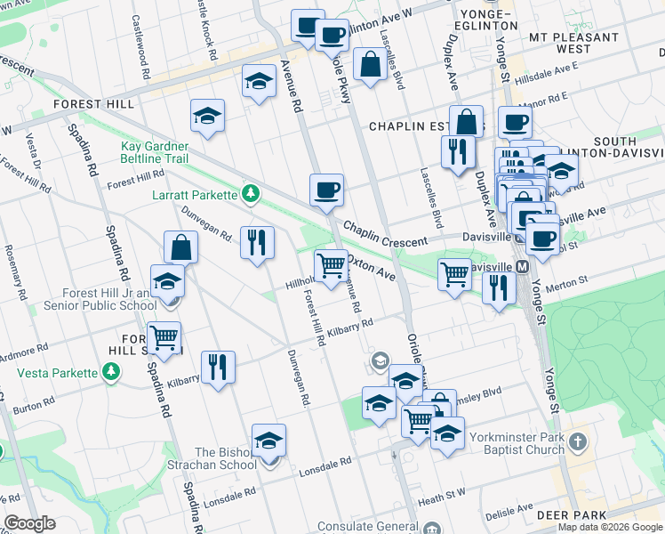 map of restaurants, bars, coffee shops, grocery stores, and more near in Toronto