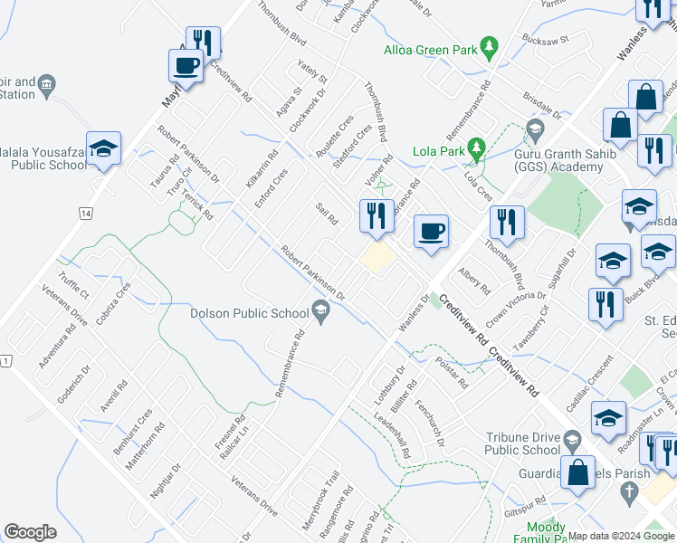 map of restaurants, bars, coffee shops, grocery stores, and more near 152 Remembrance Road in Brampton