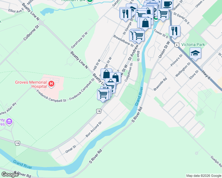 map of restaurants, bars, coffee shops, grocery stores, and more near 784 Fergus Street in Fergus