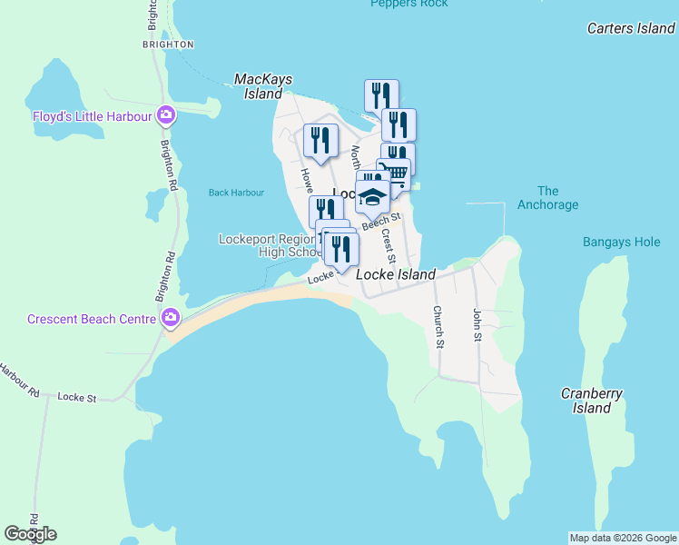 map of restaurants, bars, coffee shops, grocery stores, and more near 1 Gull Rock Road South in Lockeport