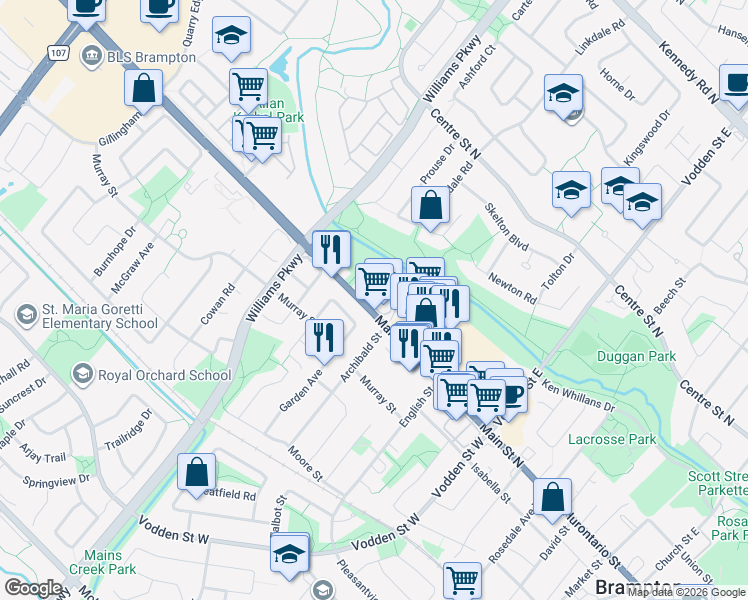 map of restaurants, bars, coffee shops, grocery stores, and more near 425 Main Street North in Brampton