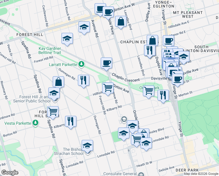 map of restaurants, bars, coffee shops, grocery stores, and more near 4 Hillholm Road in Toronto