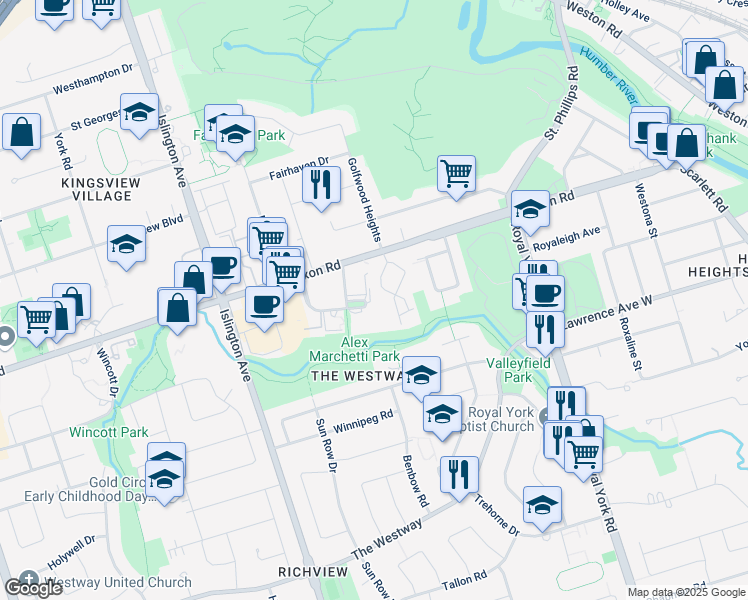 map of restaurants, bars, coffee shops, grocery stores, and more near 40 Dixington Crescent in Toronto
