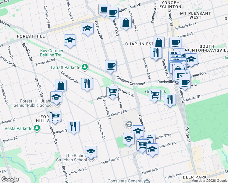 map of restaurants, bars, coffee shops, grocery stores, and more near 4 Hillholm Road in Toronto