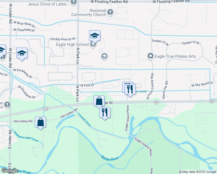 map of restaurants, bars, coffee shops, grocery stores, and more near 3701 West Flint Drive in Eagle