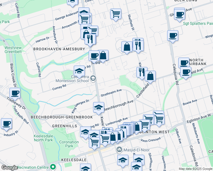 map of restaurants, bars, coffee shops, grocery stores, and more near in Toronto