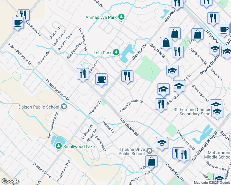 map of restaurants, bars, coffee shops, grocery stores, and more near in Brampton