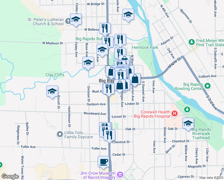 map of restaurants, bars, coffee shops, grocery stores, and more near 213 South State Street in Big Rapids