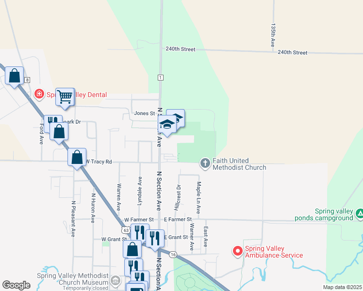 map of restaurants, bars, coffee shops, grocery stores, and more near 705 North Section Avenue in Spring Valley