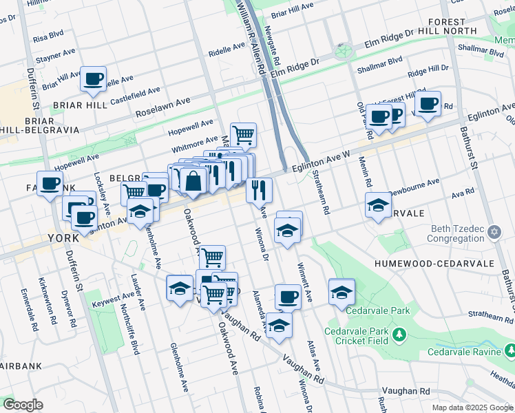 map of restaurants, bars, coffee shops, grocery stores, and more near 550 Atlas Avenue in Toronto