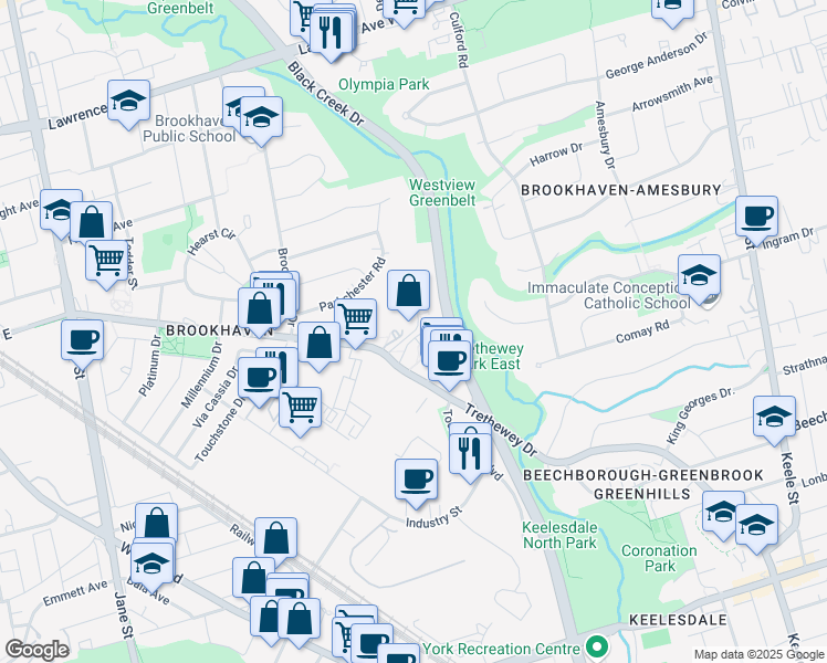 map of restaurants, bars, coffee shops, grocery stores, and more near 21 Martha Eaton Way in Toronto