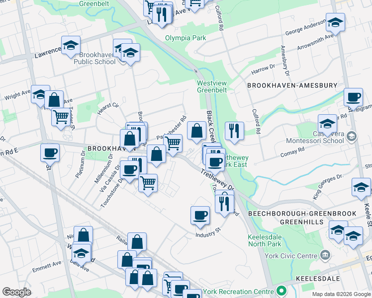 map of restaurants, bars, coffee shops, grocery stores, and more near 10 Martha Eaton Way in Toronto