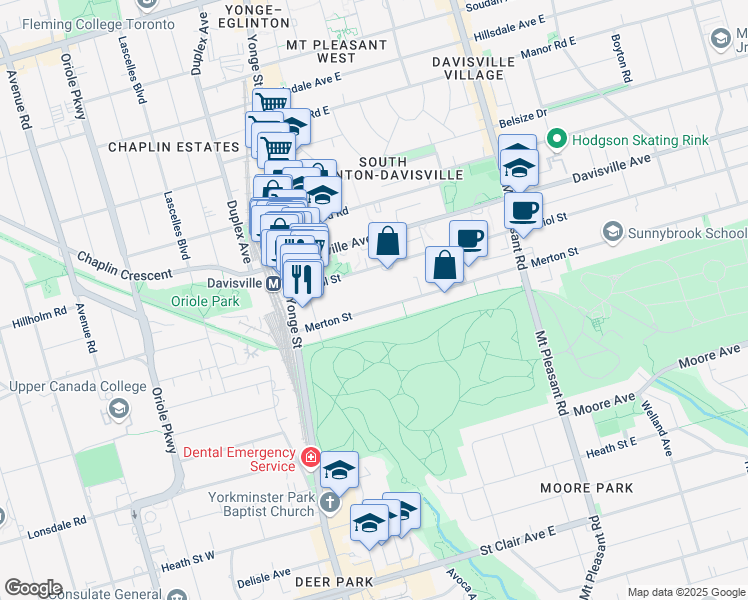 map of restaurants, bars, coffee shops, grocery stores, and more near 112 Merton Street in Toronto