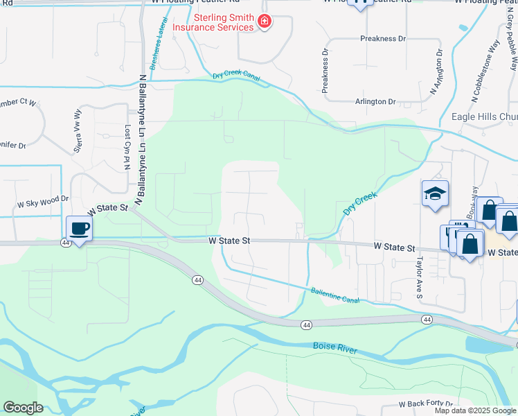 map of restaurants, bars, coffee shops, grocery stores, and more near 1444 West Powder Court in Eagle