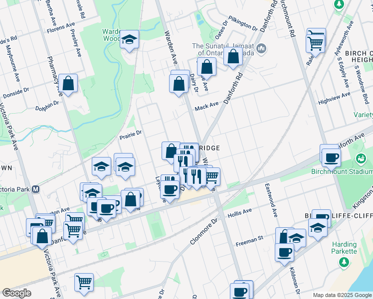 map of restaurants, bars, coffee shops, grocery stores, and more near McDonald Avenue in Toronto