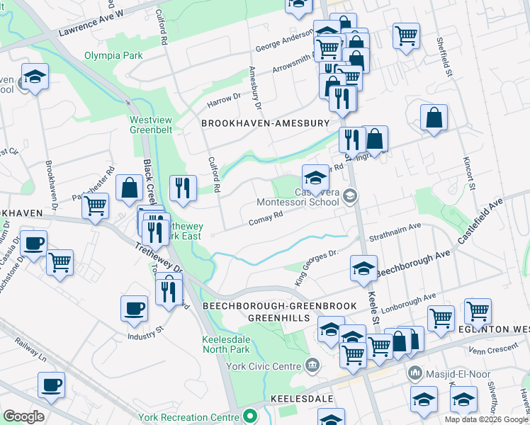 map of restaurants, bars, coffee shops, grocery stores, and more near in Toronto