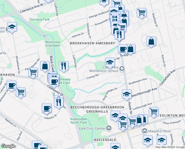 map of restaurants, bars, coffee shops, grocery stores, and more near 58 Comay Road in Toronto