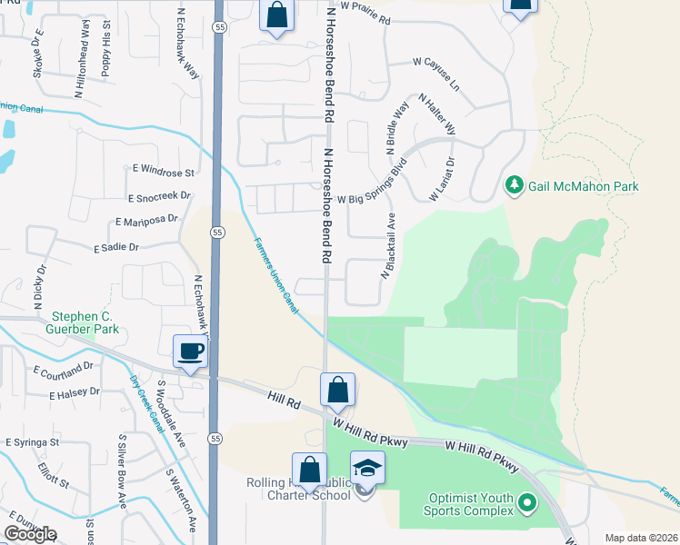 map of restaurants, bars, coffee shops, grocery stores, and more near 10097 North Blacktail Avenue in Boise