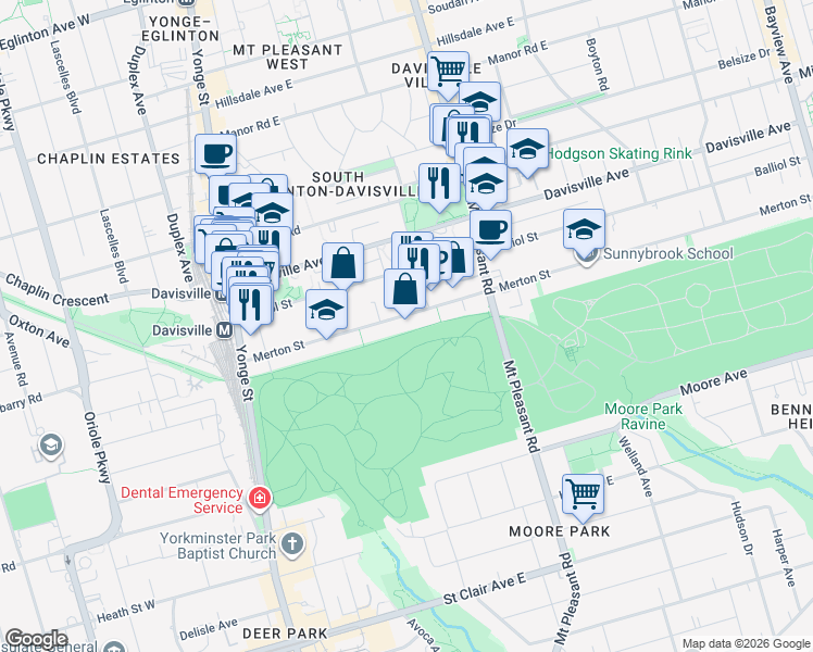 map of restaurants, bars, coffee shops, grocery stores, and more near 225 Merton Street in Toronto
