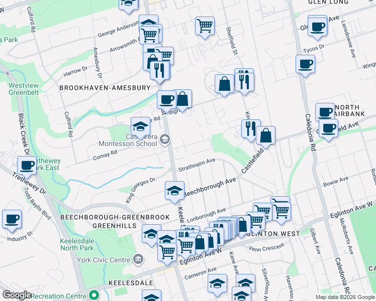map of restaurants, bars, coffee shops, grocery stores, and more near 135 Canon Jackson Drive in Toronto