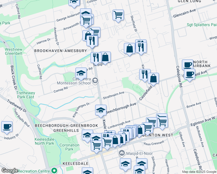 map of restaurants, bars, coffee shops, grocery stores, and more near 135 Canon Jackson Drive in Toronto