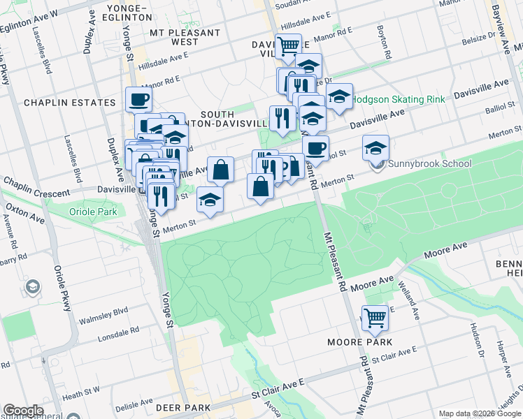 map of restaurants, bars, coffee shops, grocery stores, and more near 225 Merton Street in Toronto