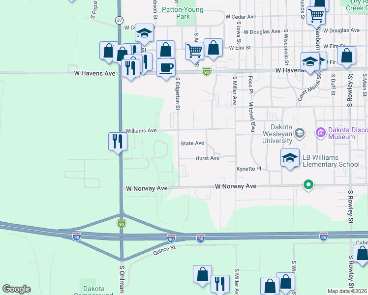 map of restaurants, bars, coffee shops, grocery stores, and more near 1152-1298 Hurst St in Mitchell