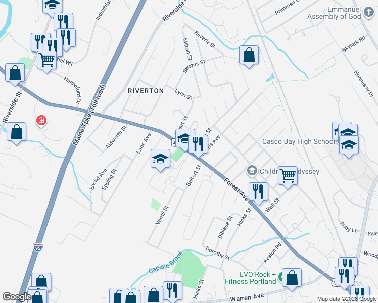 map of restaurants, bars, coffee shops, grocery stores, and more near Forest Ave & Newton St in Portland