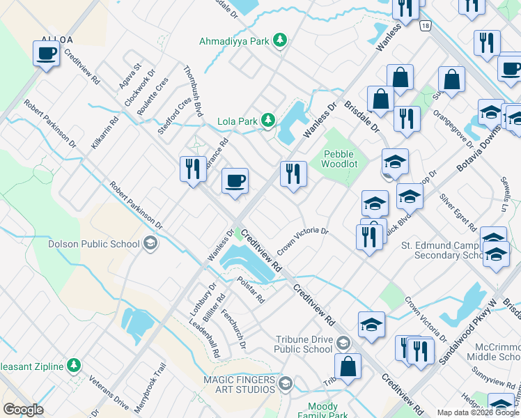 map of restaurants, bars, coffee shops, grocery stores, and more near 25 Albery Road in Brampton
