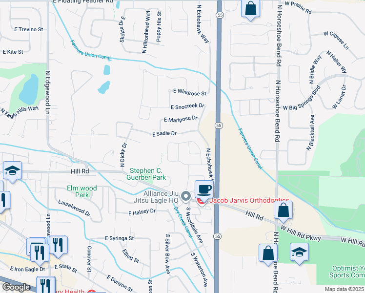 map of restaurants, bars, coffee shops, grocery stores, and more near 152 North Falling Water Avenue in Eagle