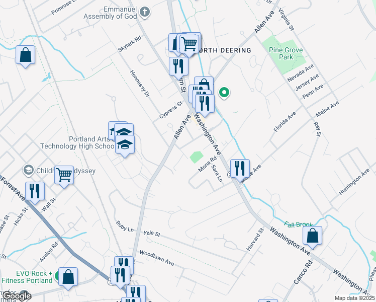 map of restaurants, bars, coffee shops, grocery stores, and more near 6 White Birch Lane in Portland