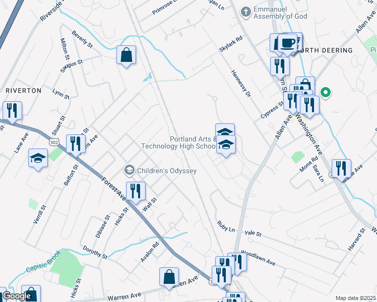 map of restaurants, bars, coffee shops, grocery stores, and more near 104 Wall Street in Portland